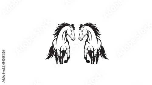 Two elegant black horses in a bold silhouette, facing each other with flowing manes and powerful bodies, captured in a dynamic, stylish illustration.