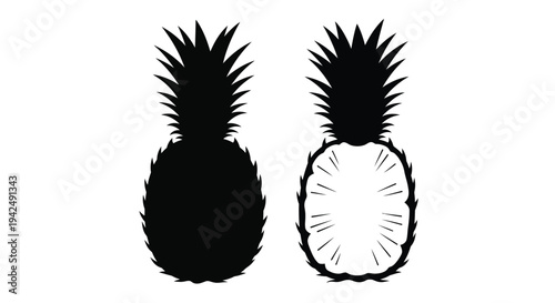 Two pineapple depictions one whole and one halved in silhouette