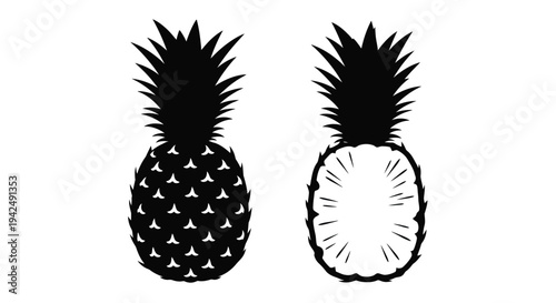 Two pineapples one whole and one halved in black silhouette