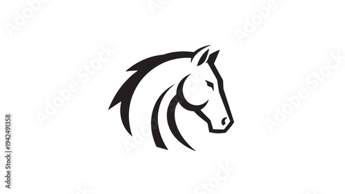 Horse head silhouette with flowing mane and sharp angular features, presented as a minimalist graphic design logo.