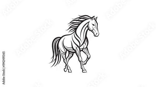 Horse running with flowing mane and tail in a dynamic, stylized black and white illustration with flowing lines