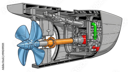 Marine Propeller and Ship Engine Cutaway Illustration Showing Boat Propulsion System and Internal Mechanical Components