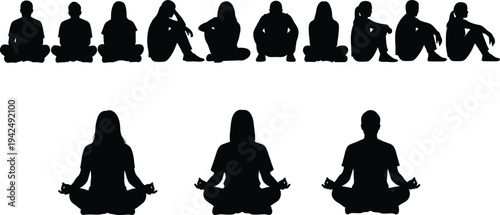 Collection of human silhouettes in casual sitting and meditative cross‑legged poses, symbolizing mindfulness, relaxation, lifestyle posture, group activity, and expressive body illustration.