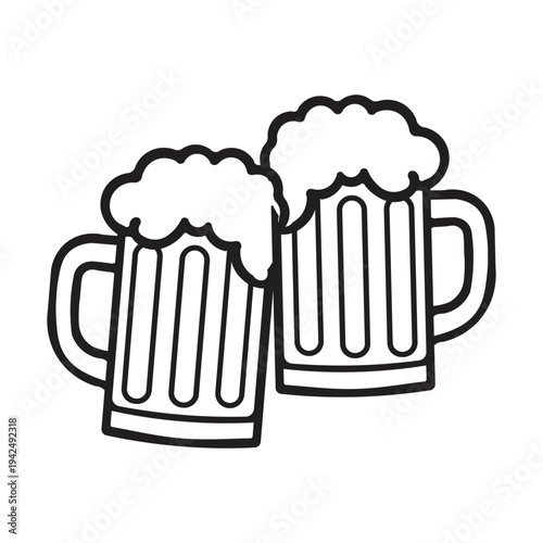 Two Foamy Beer Mugs Toasting Vector Illustration