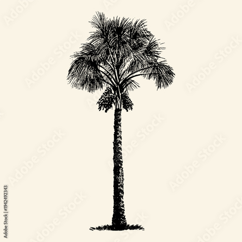 Billede på lærred Tall Fan Palm Tree with Fruit Clusters Black Ink Illustration