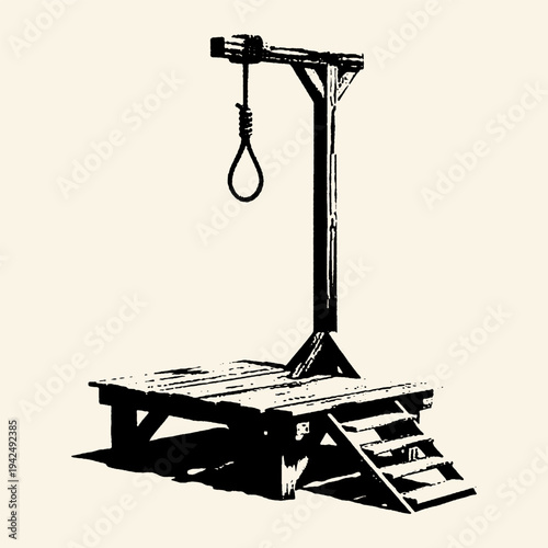 Vintage Wooden Gallows with Noose Black Ink Illustration