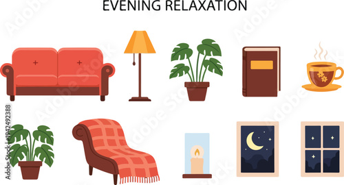 An illustration with elements of evening relaxation Includes furniture plants book tea candle and windows