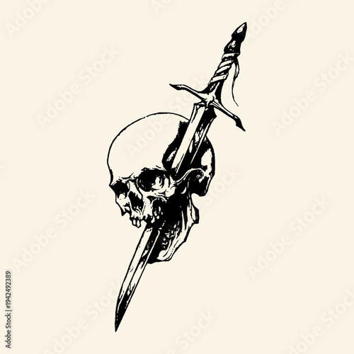 Skull Pierced by Dagger Black Ink Illustration