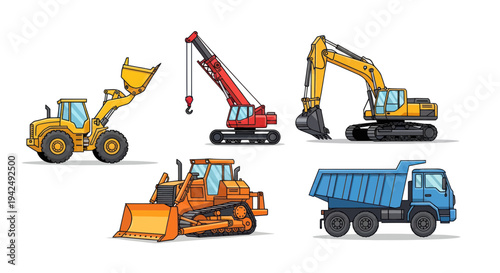 Construction Vehicles Set: Excavator, Bulldozer, Crane, Loader, Dump Truck