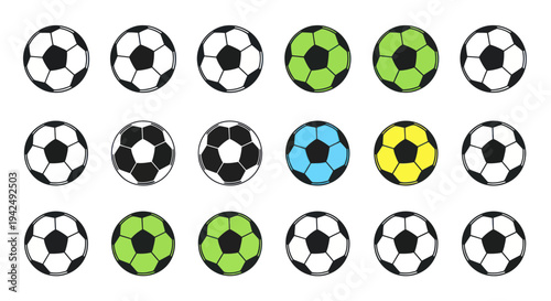Collection of Soccer Balls in Various Colors and Patterns on White Background