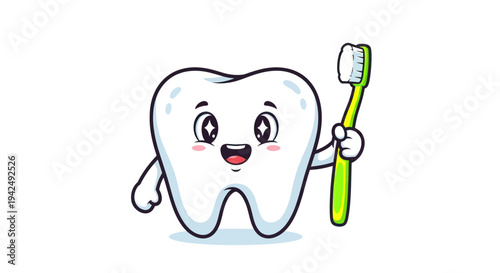 Cute Cartoon Tooth Character Holding Toothbrush, Happy Smile, Dental Care Concept