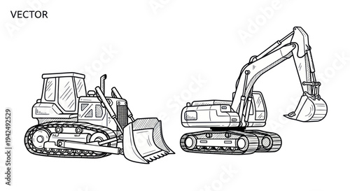 Drawn Construction Excavator and Bulldozer Vehicles on White Background