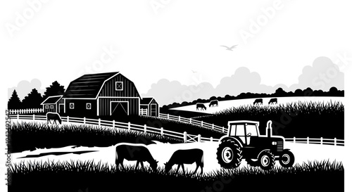 Farm landscape with cows, tractor and barn in black and white silhouette