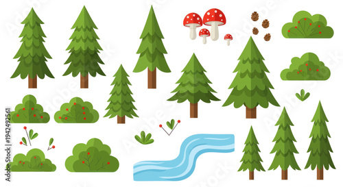 Forest Elements Collection: Pine Trees, Bushes, Mushrooms, Cones and River