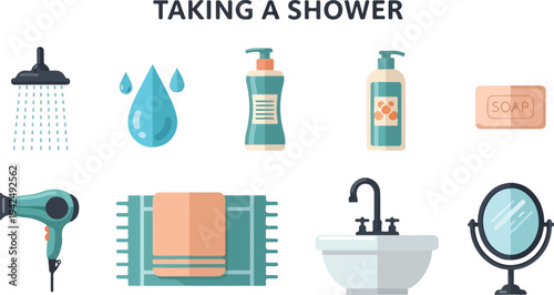 An illustration with shower head water drops bottles soap hairdryer towel sink and mirror