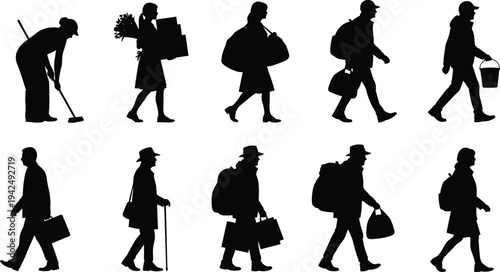 Collection of diverse human silhouettes carrying bags, broom, flowers, cane, and briefcase, symbolizing daily activities, commuting, shopping, cleaning, and lifestyle illustration.
