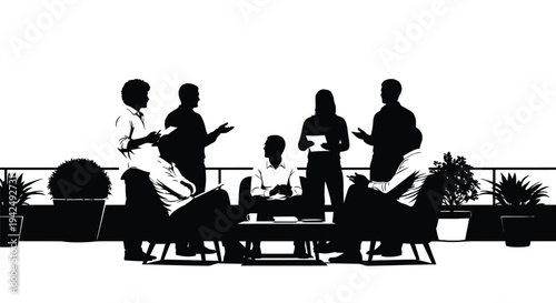 Team meeting on rooftop silhouette vector