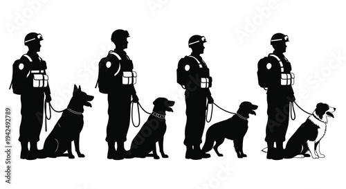 Police officers with dogs silhouette vector
