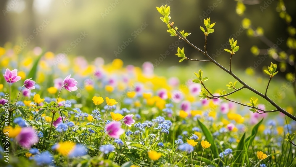Obraz premium A field of colorful spring wildflowers in soft sunlight