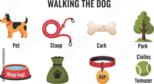 Cartoon elements dog leash bone tree bowl bag collar and ball with incorrect word labels