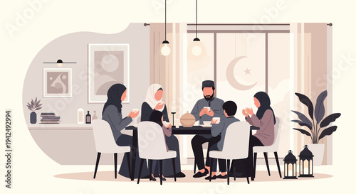 An illustrative scene of a diverse Muslim family gathering for an Iftar meal or festive dinner, celebrating unity and tradition in a modern home setting with warm lighting