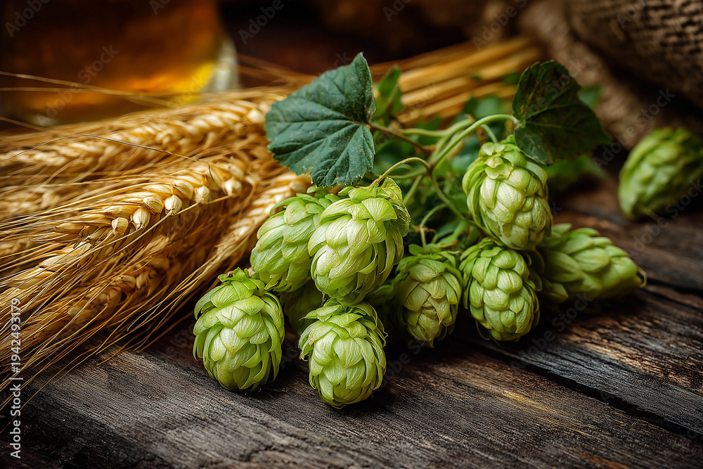 Fototapeta premium Exploring the vibrant texture of green hop cones nestled alongside ripe golden wheat in early harvest season Generative AI