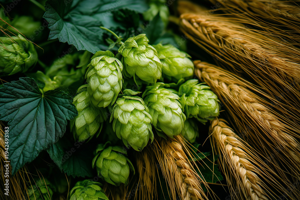 Naklejka premium Beauty of nature revealed in a close-up of vibrant green hop cones and golden wheat stalks during harvest season Generative AI