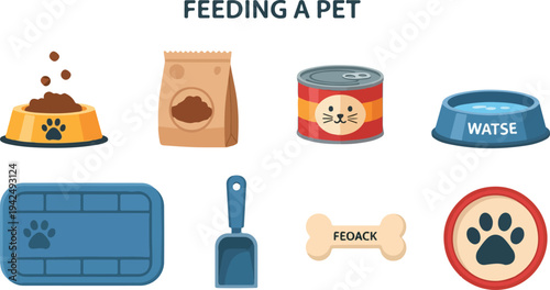 Cartoon illustrations of pet supplies Items include food water bowls a scoop bone and mat