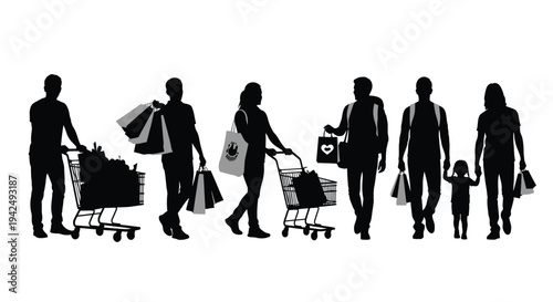 Family shopping with carts silhouette vector