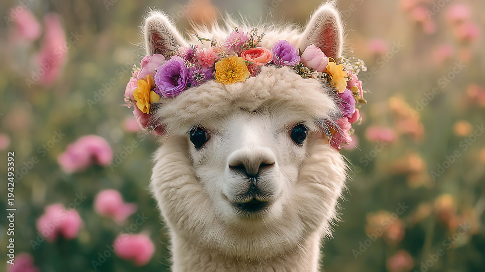 Obraz premium Cute fluffy white alpaca wearing a crown of colorful flowers, adorable animal portrait in a flower field, whimsical spring concept, Generative AI