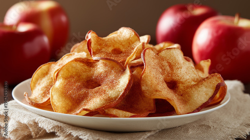 Crisp apple chips sprinkled with fragrant cinnamon on a rustic plate surrounded by fresh apples Generative AI