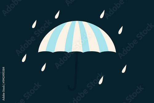 A striped umbrella shields against falling raindrops on a dark background