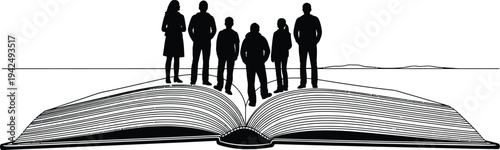 People standing on open book silhouette vector