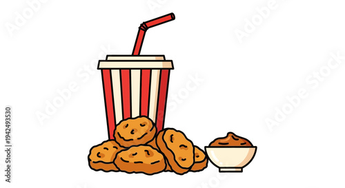 Fast food meal vector illustration with crispy golden chicken nuggets, a red and white striped soda cup with straw, and a small bowl of dipping sauce, isolated on a white background.