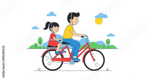 Father and Daughter Riding Bicycle Together.