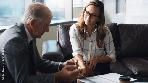 Quadro su tela Attorney, paralegal and meeting in office with paperwork, manager advice and talk for court case report