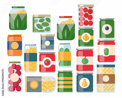 Colorful assortment of preserved foods in glass jars illustration