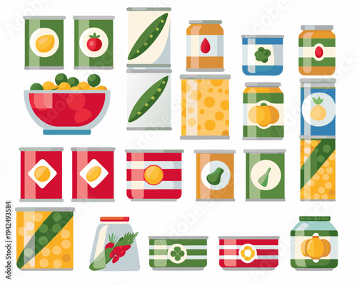 Colorful arrangement of various canned and fresh produce items displayed neatly