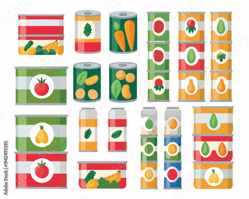 Colorful arrangement of various canned fruits and vegetables in a flat style