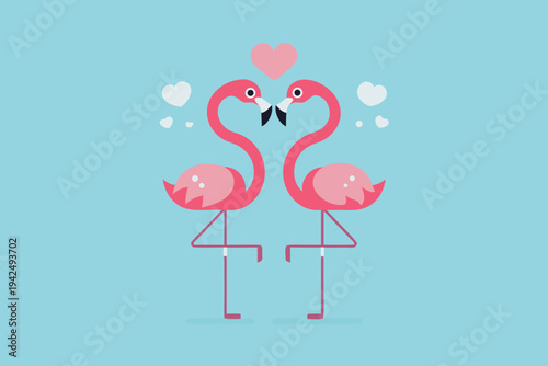 Two pink flamingos forming a heart shape with love symbols