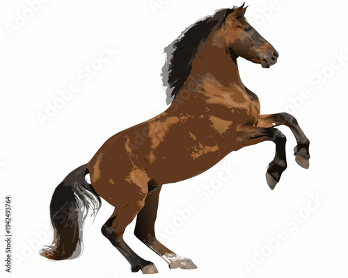 A majestic brown horse rearing up on its hind legs illustrated style