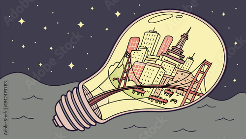 A surreal vintage lightbulb filled with a city skyline and bridge, set against a starry night sky and calm water