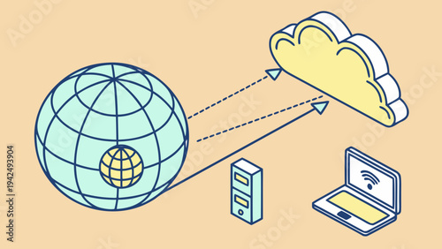 Isometric vector graphic visualizing global cloud computing data transfer. Depicts secure digital connectivity, internet infrastructure, and remote storage for modern technology worldwide