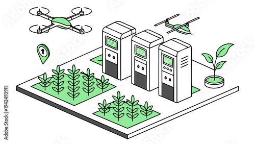 Innovative agricultural technology featuring drones and automated systems in a modern farm setting