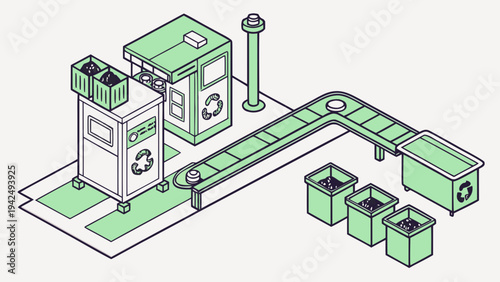 Conceptual isometric vector illustration of a recycling plant with conveyor belts and bins