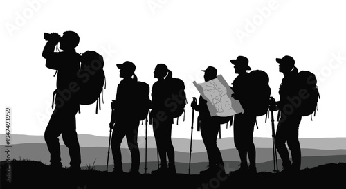 Hikers with backpacks silhouette vector