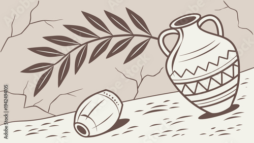 A minimalist vector composition of ancient unpolished ceramic pottery, a rustic barrel, and an organic olive branch, evoking historical Mediterranean culture and timeless tradition