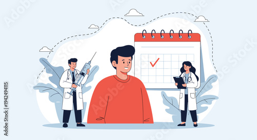 Patient man standing with doctors and a large calendar with a checkmark representing a scheduled medical appointment or vaccination date.