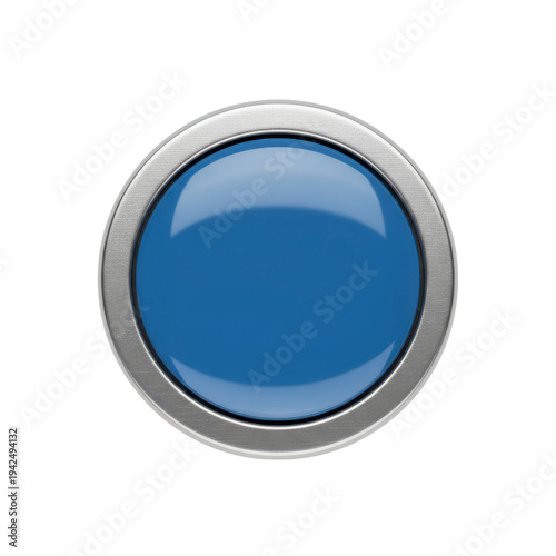 Blue button with metallic frame on white background