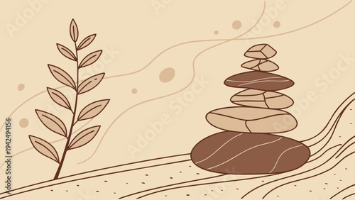 Minimalist vector composition of a perfectly balanced stone cairn and a delicate leafy branch, set in an earthy, flowing landscape, symbolizing tranquility and natural harmony